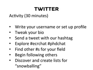 TWITTER
AcDvity	
  (30	
  minutes)	
  
	
  
•  Write	
  your	
  username	
  or	
  set	
  up	
  proﬁle	
  
•  Tweak	
  your	
  bio	
  
•  Send	
  a	
  tweet	
  with	
  our	
  hashtag	
  
•  Explore	
  #ecrchat	
  #phdchat	
  
•  Find	
  other	
  #s	
  for	
  your	
  ﬁeld	
  
•  Begin	
  following	
  others	
  
•  Discover	
  and	
  create	
  lists	
  for	
  
“snowballing”	
  
 