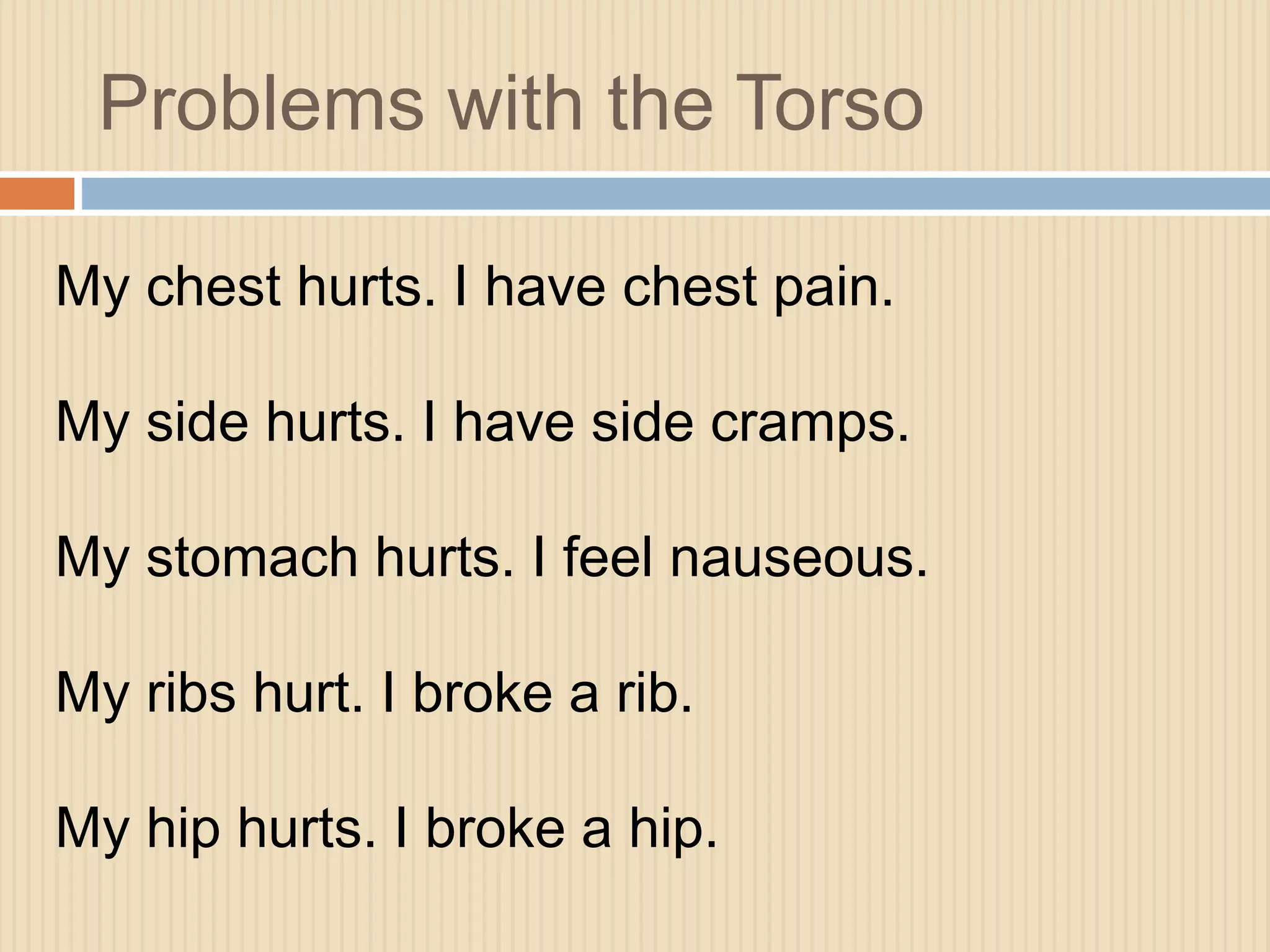 Problems with the Torso 
My chest hurts. I have chest pain. 
My side hurts. I have side cramps. 
My stomach hurts. I feel nauseous. 
My ribs hurt. I broke a rib. 
My hip hurts. I broke a hip. 
 