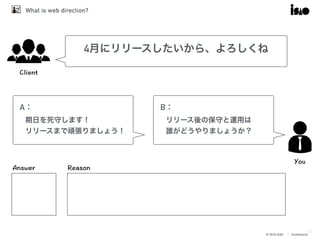 © 2016 ISAO　│ Confidential
What is web direction?
33
4月にリリースしたいから、よろしくね
A：
期日を死守します！
リリースまで頑張りましょう！
B：
リリース後の保守と運用は
誰がどうやりましょうか？
 