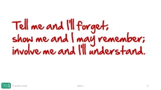 Tell me and I'll forget;
show me and I may remember;
involve me and I'll understand.

© Jonathan Hazell

Week 1

17

 