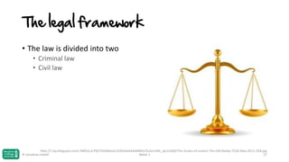 The legal framework
• The law is divided into two
• Criminal law
• Civil law

http://1.bp.blogspot.com/-4IBFjZu3-P8/TrGQMeLkr2I/AAAAAAAABMQ/XuGo14tb_qk/s1600/The-Scales-of-Justice-The-Old-Bailey-TZ18-May-2011-35B.jpg
© Jonathan Hazell
Week 1
27

 