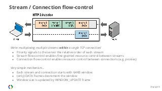 Stream / Connection flow-control 
We’re multiplexing multiple streams within a single TCP connection! 
● Priority signals to the server the relative order of each stream 
● Stream flow-control enables fine-grained resource control between streams 
● Connection flow-control enables resource control between connections (e.g. proxies) 
Very simple mechanism... 
● Each stream and connection starts with 64KB window 
● (only) DATA frames decrement the window 
● Window size is updated by WINDOW_UPDATE frame 
@igrigorik 
 