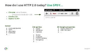 How do I use HTTP 2.0 today? Use SPDY... 
● Chrome, since forever.. 
○ Chrome on Android + iOS 
● Firefox 13+ 
● Opera 12.10+ 
Server 
● mod_spdy (Apache) 
● nginx 
● Jetty, Netty 
● node-spdy 
● ... 
3rd parties 
● Twitter 
● Wordpress 
● Facebook 
● Akamai 
● Contendo 
● F5 SPDY Gateway 
● Strangeloop 
● ... 
All Google properties 
● Search, GMail, Docs 
● GAE + SSL users 
● ... 
@igrigorik 
 