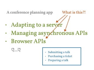 A conference planning app What is this?! 
• Adapting to a server 
• Managing asynchronous APIs 
• Browser APIs 
• Submitting a talk 
• Purchasing a ticket 
• Preparing a talk 
ᗜੂͦ﹏ᗜੂͦ 
 