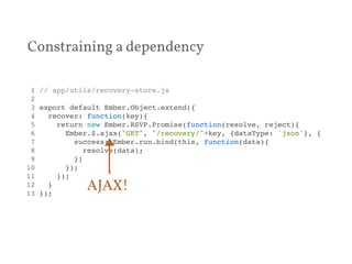 Constraining a dependency 
1 // app/utils/recovery-store.js! 
2 ! 
3 export default Ember.Object.extend({! 
4 recover: function(key){! 
5 return new Ember.RSVP.Promise(function(resolve, reject){! 
6 Ember.$.ajax("GET", "/recovery/"+key, {dataType: 'json'}, {! 
7 success: Ember.run.bind(this, function(data){! 
8 resolve(data);! 
9 })! 
10 });! 
11 });! 
12 }! 
13 });! AJAX! 
 