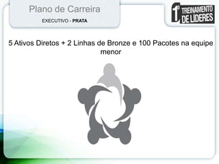 Plano de Carreira
EXECUTIVO - PRATA
5 Ativos Diretos + 2 Linhas de Bronze e 100 Pacotes na equipe
menor
 
