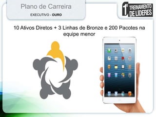 Plano de Carreira
EXECUTIVO - OURO
10 Ativos Diretos + 3 Linhas de Bronze e 200 Pacotes na
equipe menor
 