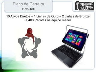 Plano de Carreira
ELITE - RUBI
10 Ativos Diretos + 1 Linhas de Ouro + 2 Linhas de Bronze
e 400 Pacotes na equipe menor
 