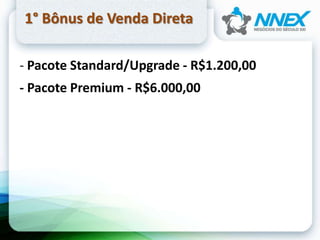 1° Bônus de Venda Direta
- Pacote Standard/Upgrade - R$1.200,00
- Pacote Premium - R$6.000,00
 