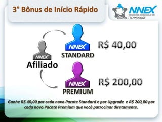 3° Bônus de Início Rápido
Ganhe R$ 40,00 por cada novo Pacote Standard e por Upgrade e R$ 200,00 por
cada novo Pacote Premium que você patrocinar diretamente.
STANDARD
PREMIUM
DIGITAL TECHNOLOGY
 