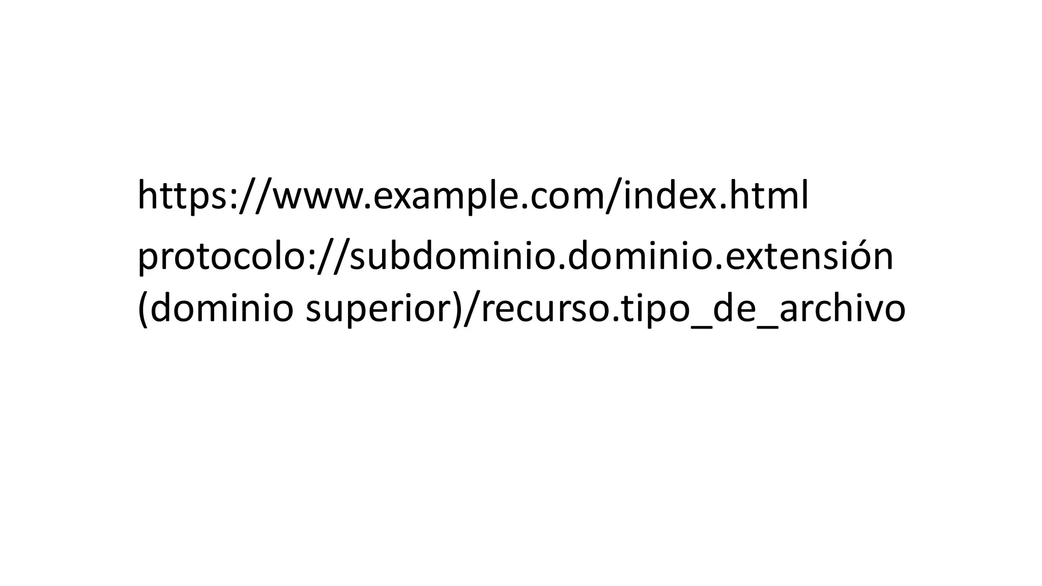 https://www.example.com/index.html
protocolo://subdominio.dominio.extensión
(dominio superior)/recurso.tipo_de_archivo
 