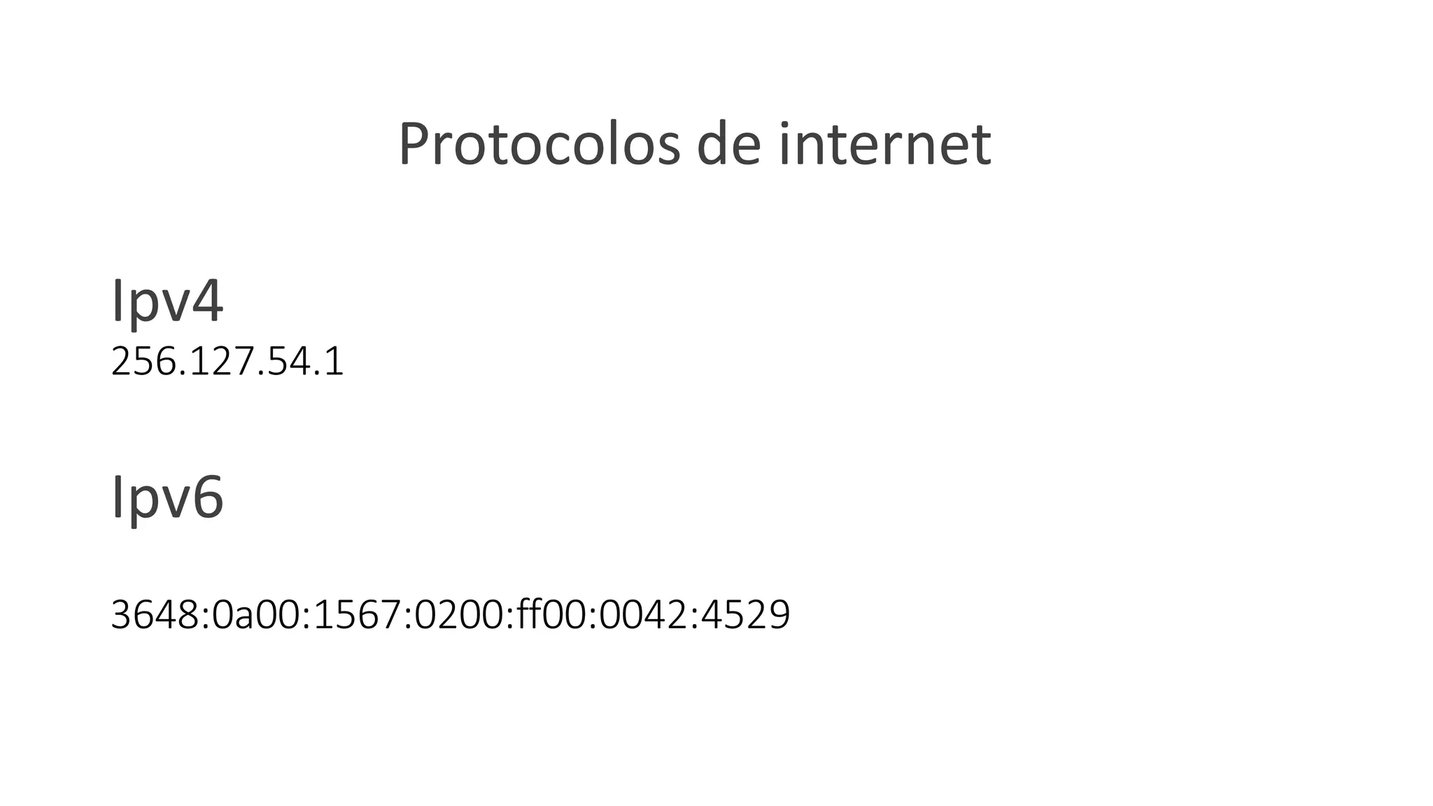 Protocolos de internet
Ipv4
256.127.54.1
Ipv6
3648:0a00:1567:0200:ff00:0042:4529
 