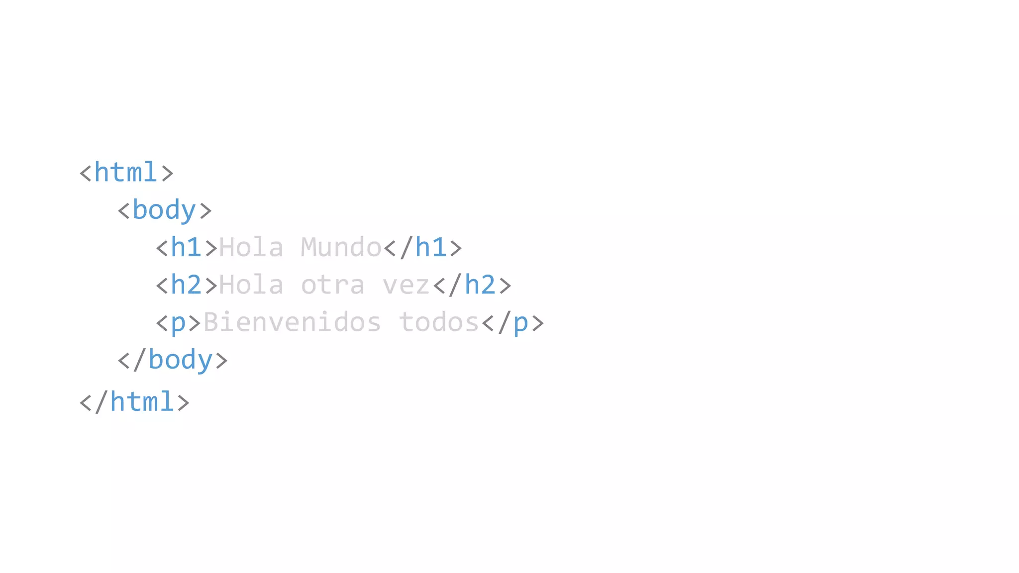 <html>
<body>
<h1>Hola Mundo</h1>
<h2>Hola otra vez</h2>
<p>Bienvenidos todos</p>
</body>
</html>
 