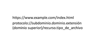 https://www.example.com/index.html
protocolo://subdominio.dominio.extensión
(dominio superior)/recurso.tipo_de_archivo
 