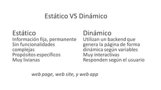 Estático VS Dinámico
web page, web site, y web app
Estático
Información fija, permanente
Sin funcionalidades
complejas
Propósitos específicos
Muy livianas
Dinámico
Utilizan un backend que
genera la página de forma
dinámica según variables
Muy interactivas
Responden según el usuario
 