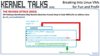 Breaking Into Linux VMs
for Fun and Profit
THE REVISED ATTACK (2023)
API Pathway Identification Map Routine (Searches 4 Levels Deep in Code XREFs) for an address close
to call_usermodehelper()
 