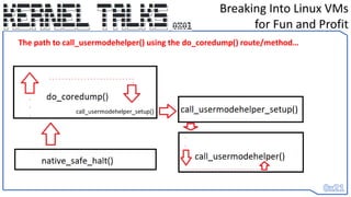 Breaking Into Linux VMs
for Fun and Profit
The path to call_usermodehelper() using the do_coredump() route/method…
 