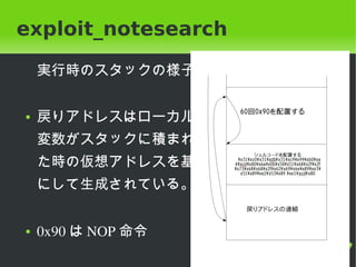 exploit_notesearch

        実行時のスタックの様子


    ●   戻りアドレスはローカル
        変数がスタックに積まれ
        た時の仮想アドレスを基
        にして生成されている。


    ●   0x90 は NOP 命令
                         
 