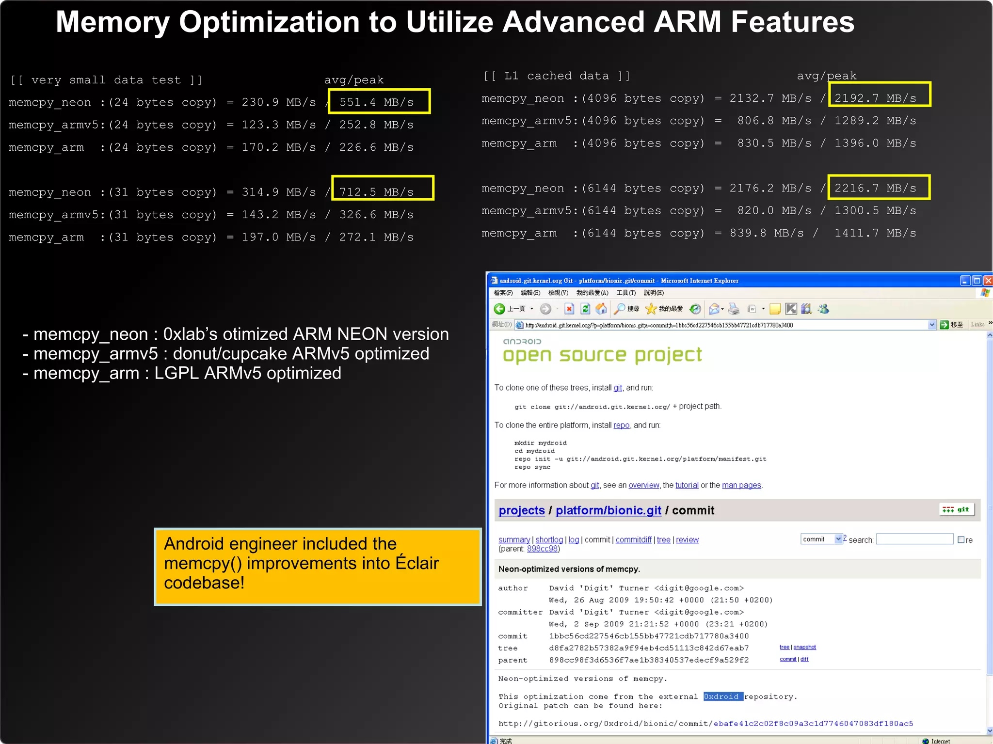 Memory Optimization to Utilize Advanced ARM Features
[[ very small data test ]]                 avg/peak       [[ L1 cached data ]]                       avg/peak

memcpy_neon :(24 bytes copy) = 230.9 MB/s / 551.4 MB/s    memcpy_neon :(4096 bytes copy) = 2132.7 MB/s / 2192.7 MB/s

memcpy_armv5:(24 bytes copy) = 123.3 MB/s / 252.8 MB/s    memcpy_armv5:(4096 bytes copy) =    806.8 MB/s / 1289.2 MB/s

memcpy_arm   :(24 bytes copy) = 170.2 MB/s / 226.6 MB/s   memcpy_arm   :(4096 bytes copy) =   830.5 MB/s / 1396.0 MB/s


memcpy_neon :(31 bytes copy) = 314.9 MB/s / 712.5 MB/s    memcpy_neon :(6144 bytes copy) = 2176.2 MB/s / 2216.7 MB/s

memcpy_armv5:(31 bytes copy) = 143.2 MB/s / 326.6 MB/s    memcpy_armv5:(6144 bytes copy) =    820.0 MB/s / 1300.5 MB/s

memcpy_arm   :(31 bytes copy) = 197.0 MB/s / 272.1 MB/s   memcpy_arm   :(6144 bytes copy) = 839.8 MB/s /   1411.7 MB/s




 - memcpy_neon : 0xlab’s otimized ARM NEON version
 - memcpy_armv5 : donut/cupcake ARMv5 optimized
 - memcpy_arm : LGPL ARMv5 optimized




                     Android engineer included the
                     memcpy() improvements into Éclair
                     codebase!
 