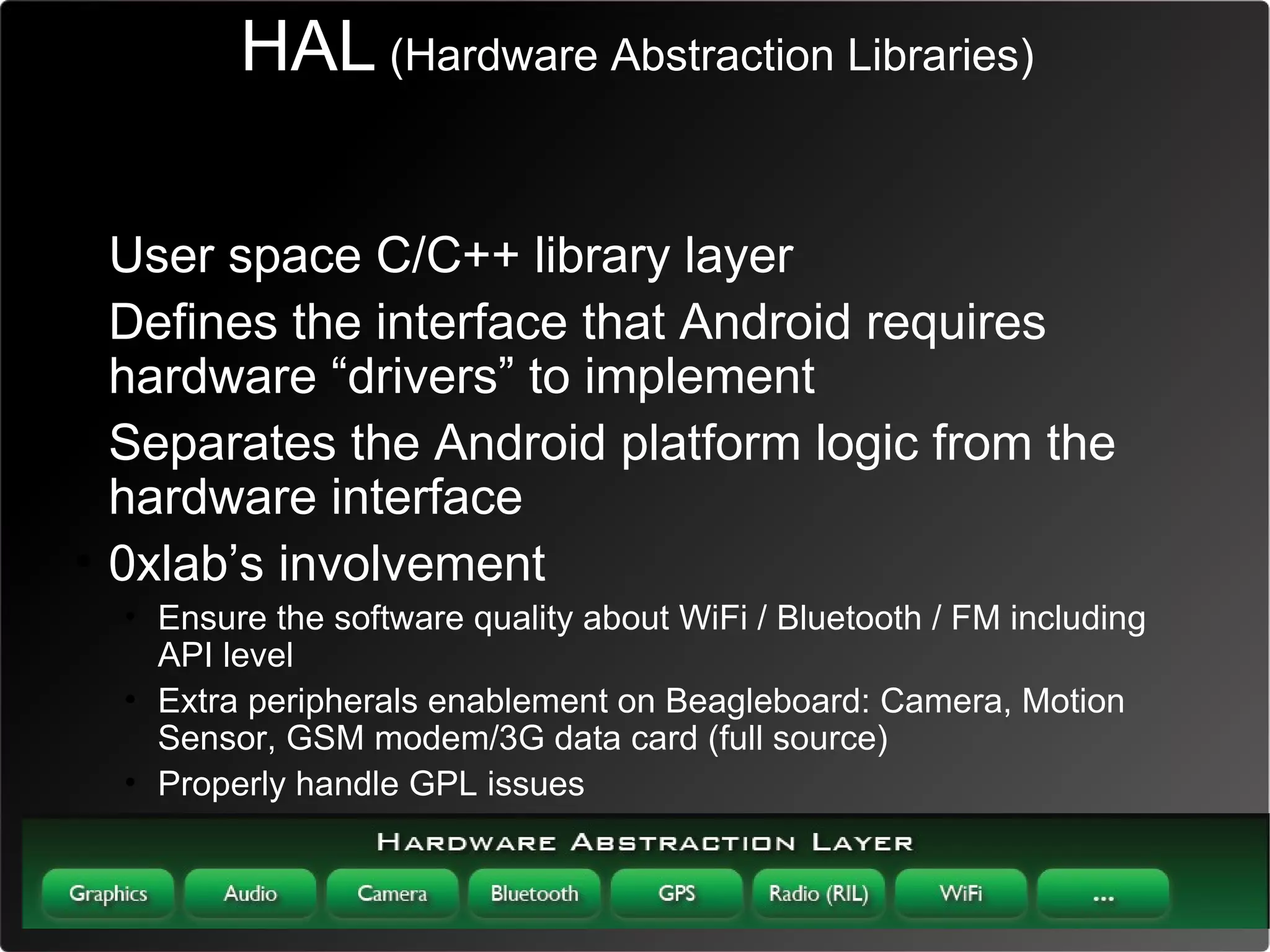HAL (Hardware Abstraction Libraries)

• User space C/C++ library layer
• Defines the interface that Android requires
  hardware “drivers” to implement
• Separates the Android platform logic from the
  hardware interface
• 0xlab’s involvement
  • Ensure the software quality about WiFi / Bluetooth / FM including
    API level
  • Extra peripherals enablement on Beagleboard: Camera, Motion
    Sensor, GSM modem/3G data card (full source)
  • Properly handle GPL issues
 