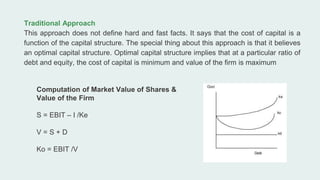 Traditional Approach
This approach does not define hard and fast facts. It says that the cost of capital is a
function of the capital structure. The special thing about this approach is that it believes
an optimal capital structure. Optimal capital structure implies that at a particular ratio of
debt and equity, the cost of capital is minimum and value of the firm is maximum
Computation of Market Value of Shares &
Value of the Firm
S = EBIT – I /Ke
V = S + D
Ko = EBIT /V
 