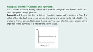 Modigliani and Miller Approach (MM Approach)
It is a capital structure theory named after Franco Modigliani and Merton Miller. MM
theory proposed two propositions.
Proposition I: It says that the capital structure is irrelevant to the value of a firm. The
value of two identical firms would remain the same and value would not affect by the
choice of finance adopted to finance the assets. The value of a firm is dependent on the
expected future earnings. It is when there are no taxes.
 