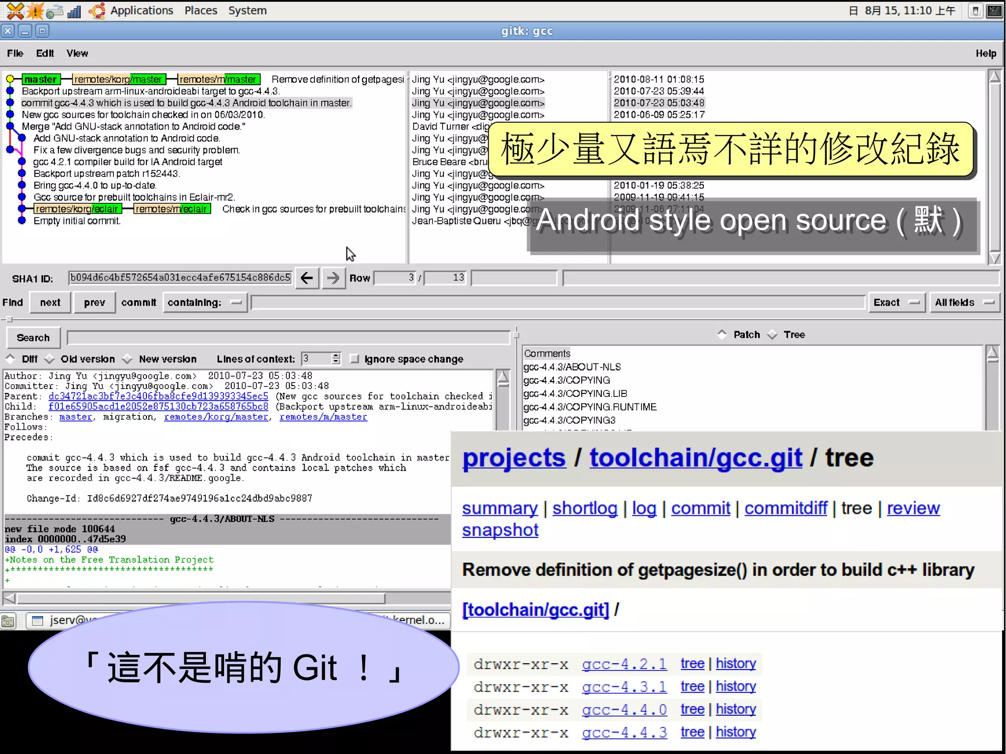 極少量又語焉不詳的修改紀錄
                極少量又語焉不詳的修改紀錄
                 Android style open source ( 默 )
                 Android style open source ( 默 )




「這不是啃的 Git ！」
 