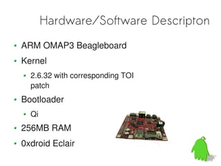 Hardware/Software Descripton
ARM OMAP3 Beagleboard
Kernel
  2.6.32 with corresponding TOI
  patch
Bootloader
  Qi
256MB RAM
0xdroid Eclair
 