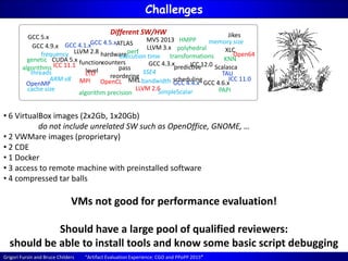 Grigori Fursin and Bruce Childers “Artifact Evaluation Experience: CGO and PPoPP 2015”
Challenges
Different SW/HW
GCC 4.1.x
ICC 11.1
LLVM 2.8
OpenMP MPI OpenCL
perf
ATLAS
function-
level
hardware
counters
pass
reordering
frequency
GCC 4.9.x
genetic
algorithms
ARM v8
CUDA 5.x
GCC 4.3.x
GCC 4.4.x
GCC 4.5.x
GCC 4.6.x
ICC 11.0
ICC 12.0
LLVM 2.6
LLVM 3.x
MVS 2013
XLC
HMPP
PAPI
Scalascapredictive
schedulingMKL
polyhedral
transformations KNN
bandwidth
memory size
execution time
SSE4
SimpleScalar
LTO
cache size
threads
algorithm precision
Open64
Jikes
TAU
GCC 5.x
• 6 VirtualBox images (2x2Gb, 1x20Gb)
do not include unrelated SW such as OpenOffice, GNOME, …
• 2 VWMare images (proprietary)
• 2 CDE
• 1 Docker
• 3 access to remote machine with preinstalled software
• 4 compressed tar balls
VMs not good for performance evaluation!
Should have a large pool of qualified reviewers:
should be able to install tools and know some basic script debugging
 