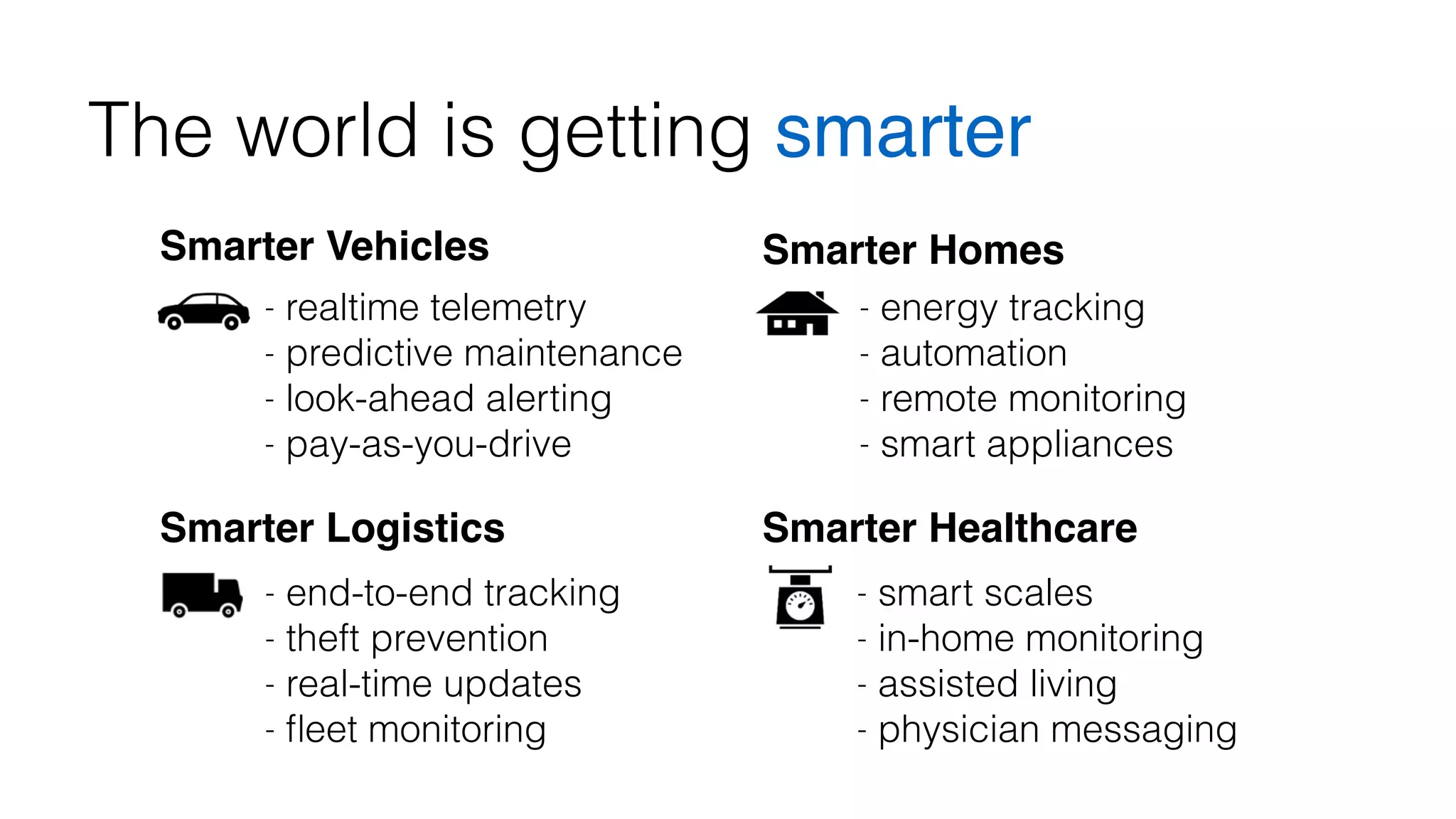 The world is getting smarter 
Smarter Vehicles 
- realtime telemetry 
- predictive maintenance 
- look-ahead alerting 
- pay-as-you-drive 
Smarter Homes 
- energy tracking 
- automation 
- remote monitoring 
- smart appliances 
Smarter Logistics 
- end-to-end tracking 
- theft prevention 
- real-time updates 
- fleet monitoring 
Smarter Healthcare 
- smart scales 
- in-home monitoring 
- assisted living 
- physician messaging 
 