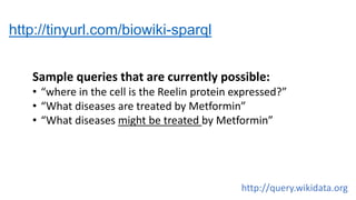 http://tinyurl.com/biowiki-sparql
Sample queries that are currently possible:
• “where in the cell is the Reelin protein expressed?”
• “What diseases are treated by Metformin”
• “What diseases might be treated by Metformin”
http://query.wikidata.org
 