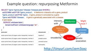 Example question: repurposing Metformin
http://tinyurl.com/zem3oxz
Metformin
?disease
interacts
with
protein
geneencoded by genetic
association
Might
treat ?
Solute carrier
family 22
member 3
SLC22A3
prostate
cancer
 