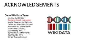 Gene Wikidata Team
Andrew Su (Scripps)
Benjamin Good – just spoke
Andra Waagmeester (Micelio)
Sebastian Burgstaller (Scripps)
Elvira Mitraka (U Maryland)
Julia Turner (Scripps)
Justin Leong (UBC)
Lynn Schriml (U Maryland)
Paul Pavlidis (UBC)
Ginger Tsueng (Scripps)
ACKNOWLEDGEMENTS
 