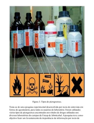 Figura 3. Tipos de pictogramas.
Trata-se de uma pesquisa experimental desenvolvida por meio de entrevista em
forma de questionário, para todos os usuários do laboratório. Foram utilizados
vários tipos de pictogramas encontrados nos rótulos de drogas utilizadas nos
diversos laboratórios do campus da Unesp de Jaboticabal. A pesquisa teve como
objetivo fazer um levantamento da importância da informação por meio de
 