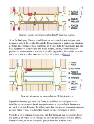 Figura 5. Mapa comportamental da Rua Primeiro de Agosto.
Já na Av. Rodrigues Alves, a possibilidade de travessia de transeuntes de uma
calçada a outra é de grande dificuldade. Dessa maneira, o usuário que caminha
ao longo da avenida acaba se mantendo no mesmo lado da via, mesmo que não
haja sombras e a temperatura não esteja amena. Assim, o maior fluxo de
pessoas do trecho estudado procede no sentido longitudinal da avenida, de modo
que a travessia se realiza nas áreas de faixa de pedestres (figura 6 ).
Figura 6. Mapa comportamental da Av. Rodrigues Alves.
É possível observar que além dos fluxos, o usuário da Av. Rodrigues Alves
também apresenta outro tipo de comportamento: a permanência. Isso ocorre
devido à presença de pontos de ônibus, o que faz com que as pessoas não apenas
passem pela avenida, mas também fiquem no local por alguns minutos.
Contudo, a permanência de usuários é má distribuída, já que é concentrada em
um ponto, e há outros locais ao longo da calçada que não recebem uso efetivo.
Dessa maneira, os locais em que há pontos de ônibus acabam sendo
 