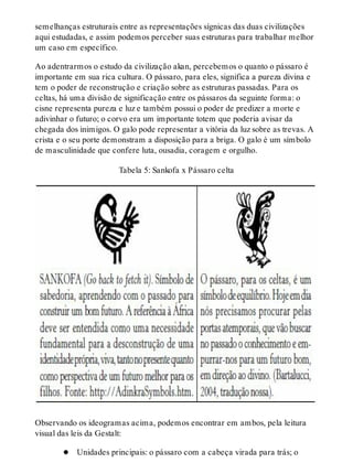 semelhanças estruturais entre as representações sígnicas das duas civilizações
aqui estudadas, e assim podemos perceber suas estruturas para trabalhar melhor
um caso em específico.
Ao adentrarmos o estudo da civilização akan, percebemos o quanto o pássaro é
importante em sua rica cultura. O pássaro, para eles, significa a pureza divina e
tem o poder de reconstrução e criação sobre as estruturas passadas. Para os
celtas, há uma divisão de significação entre os pássaros da seguinte forma: o
cisne representa pureza e luz e também possui o poder de predizer a morte e
adivinhar o futuro; o corvo era um importante totem que poderia avisar da
chegada dos inimigos. O galo pode representar a vitória da luz sobre as trevas. A
crista e o seu porte demonstram a disposição para a briga. O galo é um símbolo
de masculinidade que confere luta, ousadia, coragem e orgulho.
Tabela 5: Sankofa x Pássaro celta
Observando os ideogramas acima, podemos encontrar em ambos, pela leitura
visual das leis da Gestalt:
Unidades principais: o pássaro com a cabeça virada para trás; o
 