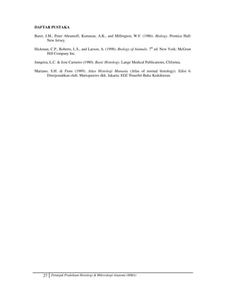 27 Petunjuk Praktikum Histologi  Mikroskopi Anatomi (HMA)
DAFTAR PUSTAKA
Baret, J.M., Peter Abramoff, Kumaran, A.K., and Millington, W.F. (1986). Biology. Prentice Hall:
New Jersey.
Hickman, C.P., Roberts, L.S., and Larson, A. (1998). Biology of Animals. 7th
ed. New York: McGraw
Hill Company Inc.
Junqeira, L.C.  Jose Carneiro (1980). Basic Histology. Lange Medical Publications, Clifornia.
Mariano, S.H. di Fiore (1989). Atlas Histologi Manusia (Atlas of normal histology). Edisi 6.
Diterjemahkan oleh: Martopawiro dkk. Jakarta: EGC Penerbit Buku Kedokteran.
 