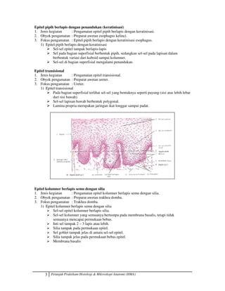3 Petunjuk Praktikum Histologi  Mikroskopi Anatomi (HMA)
Epitel pipih berlapis dengan penandukan (keratinisasi)
1. Jenis kegiatan : Pengamatan epitel pipih berlapis dengan keratinisasi.
2. Obyek pengamatan : Preparat awetan esophagus kelinci.
3. Fokus pengamatan : Epitel pipih berlapis dengan keratinisasi esophagus.
1) Epitel pipih berlapis dengan keratinisasi
 Sel-sel epitel tampak berlapis-lapis
 Sel pada bagian superfisial berbentuk pipih, sedangkan sel-sel pada lapisan dalam
berbentuk variasi dari kuboid sampai kolumner.
 Sel-sel di bagian superfisial mengalami penandukan.
Epitel transisional
1. Jenis kegiatan : Pengamatan epitel transisional.
2. Obyek pengamatan : Preparat awetan ureter.
3. Fokus pengamatan : Ureter.
1) Epitel transisional
 Pada bagian superfisial terlihat sel-sel yang bentuknya seperti payung (sisi atas lebih lebar
dari sisi bawah).
 Sel-sel lapisan bawah berbentuk polygonal.
 Lamina propria merupakan jaringan ikat longgar sampai padat.
Epitel kolumner berlapis semu dengan silia
1. Jenis kegiatan : Pengamatan epitel kolumner berlapis semu dengan silia.
2. Obyek pengamatan : Preparat awetan trakhea domba.
3. Fokus pengamatan : Trakhea domba.
1) Epitel kolumner berlapis semu dengan silia
 Sel-sel epitel kolumner berlapis silia.
 Sel-sel kolumner yang semuanya bertumpu pada membrana basalis, tetapi tidak
semuanya mencapai permukaan bebas.
 Inti sel tampak 2 – 3 lapis atau lebih.
 Silia tampak pada permukaan epitel.
 Sel goblet tampak jelas di antara sel-sel epitel.
 Silia tampak jelas pada permukaan bebas epitel.
 Membrana basalis
 