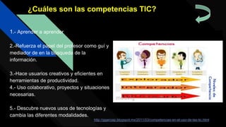 ¿ Cuáles son las
competencias TIC?
¿Cuáles son las competencias TIC?
1.- Aprender a aprender
2.-Refuerza el papel del profesor como guí y
mediador de en la búsqueda de la
información.
3.-Hace usuarios creativos y eficientes en
herramientas de productividad.
4.- Uso colaborativo, proyectos y situaciones
necesarias.
5.- Descubre nuevos usos de tecnologías y
cambia las diferentes modalidades.
http://ggarciap.blogspot.mx/2011/03/competencias-en-el-uso-de-las-tic.html
 