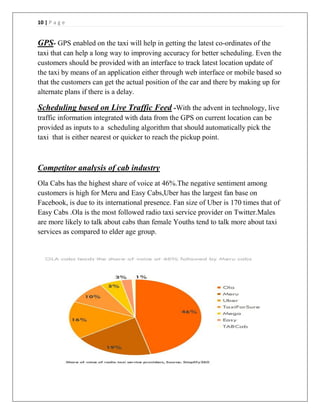 10 | P a g e
GPS- GPS enabled on the taxi will help in getting the latest co-ordinates of the
taxi that can help a long way to improving accuracy for better scheduling. Even the
customers should be provided with an interface to track latest location update of
the taxi by means of an application either through web interface or mobile based so
that the customers can get the actual position of the car and there by making up for
alternate plans if there is a delay.
Scheduling based on Live Traffic Feed -With the advent in technology, live
traffic information integrated with data from the GPS on current location can be
provided as inputs to a scheduling algorithm that should automatically pick the
taxi that is either nearest or quicker to reach the pickup point.
Competitor analysis of cab industry
Ola Cabs has the highest share of voice at 46%.The negative sentiment among
customers is high for Meru and Easy Cabs,Uber has the largest fan base on
Facebook, is due to its international presence. Fan size of Uber is 170 times that of
Easy Cabs .Ola is the most followed radio taxi service provider on Twitter.Males
are more likely to talk about cabs than female Youths tend to talk more about taxi
services as compared to elder age group.
 