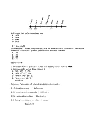 O Catar sediará a Copa do Mundo em
A) 2006
B) 2010
C) 2018
D) 2022.
D19 Questão 08
Sabendo que o senhor Joaquim levou para vender na feira 482 pastéis e ao final do dia
sobraram 46 unidades, quantos pastéis foram vendidos ao todo?
A) 432
B) 436
C) 444
D) 448
D16 Questão09
A professora Simone pediu aos alunos para decomporem o número 7435.
A decomposição correta deste número é
A) 700 + 400 + 3 + 50.
B) 700 + 400 + 30 + 50.
C) 7 000 + 400 + 30 + 5.
D) 7 000 + 40 + 30 + 5.
D Questão10
Relacione a1˚ colunacom a 2˚ coluna,de acordocom as informações.
(1 ) A altura de uma casa. ( ) Quilômetros
(2 ) O comprimentode umaestrada. ( ) Milímetros
(3 ) A espessurade umarégua. ( ) Centímetros
(4 ) O comprimentode umaborracha. ( ) Metros
Boa sorte!!!
 