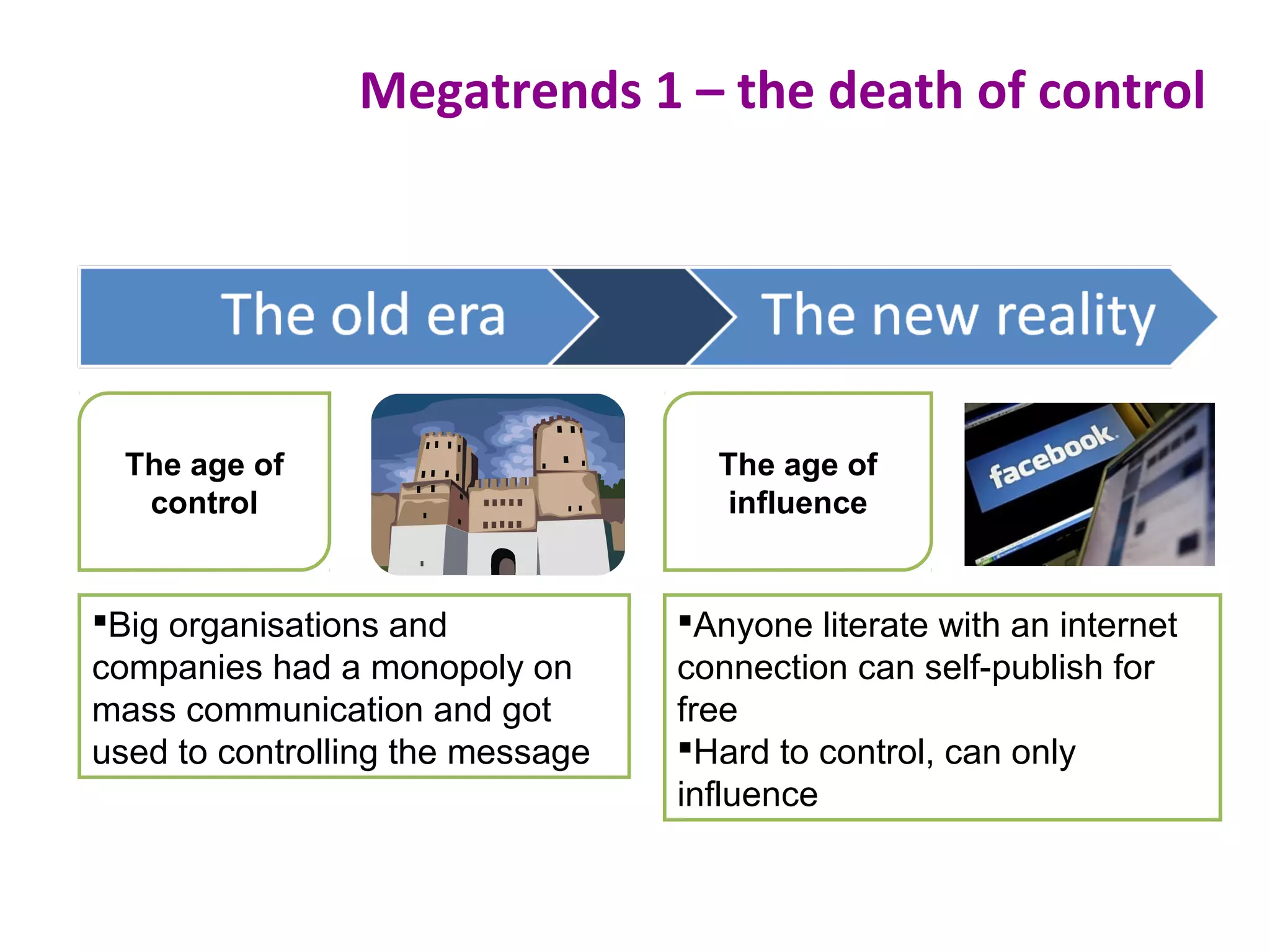 Megatrends 1 – the death of control
The age of
influence
Big organisations and
companies had a monopoly on
mass communication and got
used to controlling the message
Anyone literate with an internet
connection can self-publish for
free
Hard to control, can only
influence
The age of
control
 