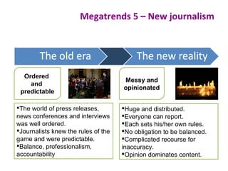 Megatrends 5 – New journalism
Messy and
opinionated
The world of press releases,
news conferences and interviews
was well ordered.
Journalists knew the rules of the
game and were predictable.
Balance, professionalism,
accountability
Huge and distributed.
Everyone can report.
Each sets his/her own rules.
No obligation to be balanced.
Complicated recourse for
inaccuracy.
Opinion dominates content.
Ordered
and
predictable
 