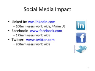 Social Media Impact
• Linked In: ww.linkedin.com
– 100mm users worldwide, 44mm US
• Facebook: www.facebook.com
– 175mm users worldwide
• Twitter: www.twitter.com
– 200mm users worldwide
13
 