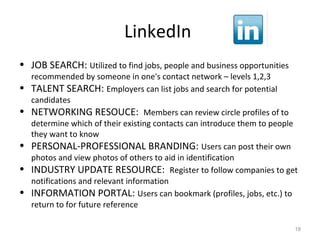 LinkedIn
• JOB SEARCH: Utilized to find jobs, people and business opportunities
recommended by someone in one's contact network – levels 1,2,3
• TALENT SEARCH: Employers can list jobs and search for potential
candidates
• NETWORKING RESOUCE: Members can review circle profiles of to
determine which of their existing contacts can introduce them to people
they want to know
• PERSONAL-PROFESSIONAL BRANDING: Users can post their own
photos and view photos of others to aid in identification
• INDUSTRY UPDATE RESOURCE: Register to follow companies to get
notifications and relevant information
• INFORMATION PORTAL: Users can bookmark (profiles, jobs, etc.) to
return to for future reference
18
 