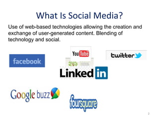 What Is Social Media?
Use of web-based technologies allowing the creation and
exchange of user-generated content. Blending of
technology and social.
2
 