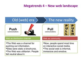 Megatrends 4 – New web landscape
Pull
communications
The Web was a channel for
pushing out information.
Sites were static e-brochures.
The Web was utilitarian. People
felt neutral about it.
Now, people spend most time
on interactive social media.
The social web is informal,
immersive and emotive.
Web as distribution channel Web as community
Push
communications
 