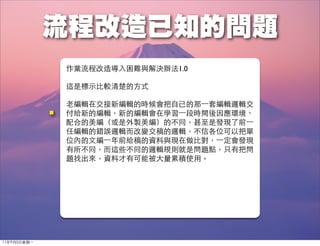 作業流程改造導入困難與解決辦法1.0

              這是標示比較清楚的方式

              老編輯在交接新編輯的時候會把自已的那⼀一套編輯邏輯交
              付給新的編輯，新的編輯會在學習⼀一段時間後因應環境、
              配合的美編（或是外製美編）的不同，甚至是發現了前⼀一
              任編輯的錯誤邏輯而改變交稿的邏輯，不信各位可以把單
              位內的文編⼀一年前給稿的資料與現在做比對，⼀一定會發現
              有所不同，而這些不同的邏輯規則就是問題點，只有把問
              題找出來，資料才有可能被大量累積使用。




11年9月5日星期⼀一
 