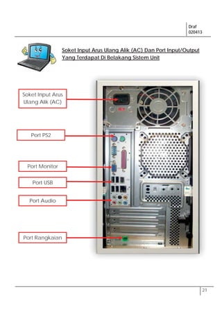 Draf
020413
21
Soket Input Arus Ulang Alik (AC) Dan Port Input/Output
Yang Terdapat Di Belakang Sistem Unit
Soket Input Arus
Ulang Alik (AC)
Port Monitor
Port PS2
Port USB
Port Audio
Port Rangkaian
 