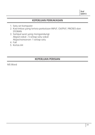 Draf
020413
34
KEPERLUAN PERKAKASAN
1. Satu set komputer
2. Kad imbas yang tertera perkataan INPUT, OUTPUT, PROSES dan
STORAN
3. Sampul surat yang mengandungi:
Abjad vokal – 5 setiap satu vokal
Abjad konsonan- 1 setiap satu
4. Fail
5. Kertas A4
KEPERLUAN PERISIAN
MS Word
 